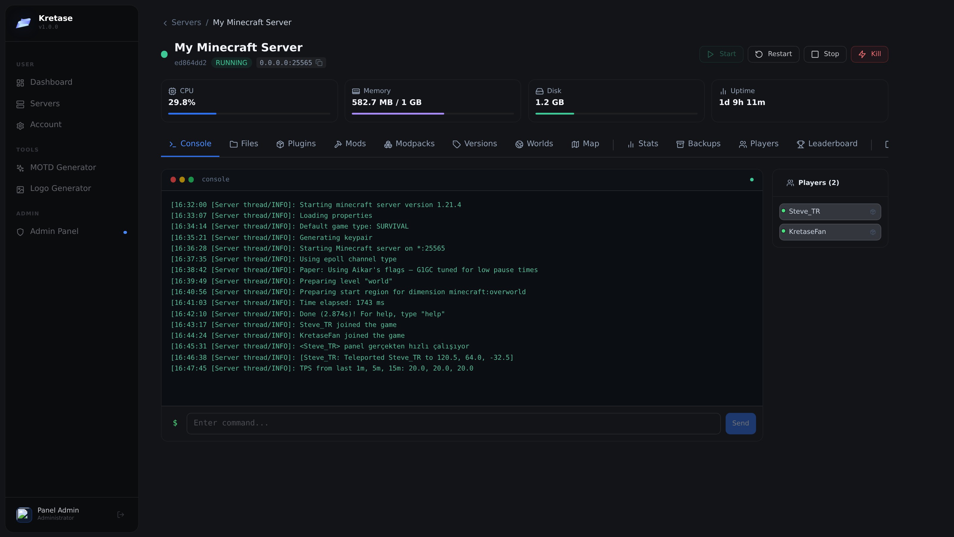 Kretase Minecraft server console with live log output, CPU/RAM/disk stats, and online player list