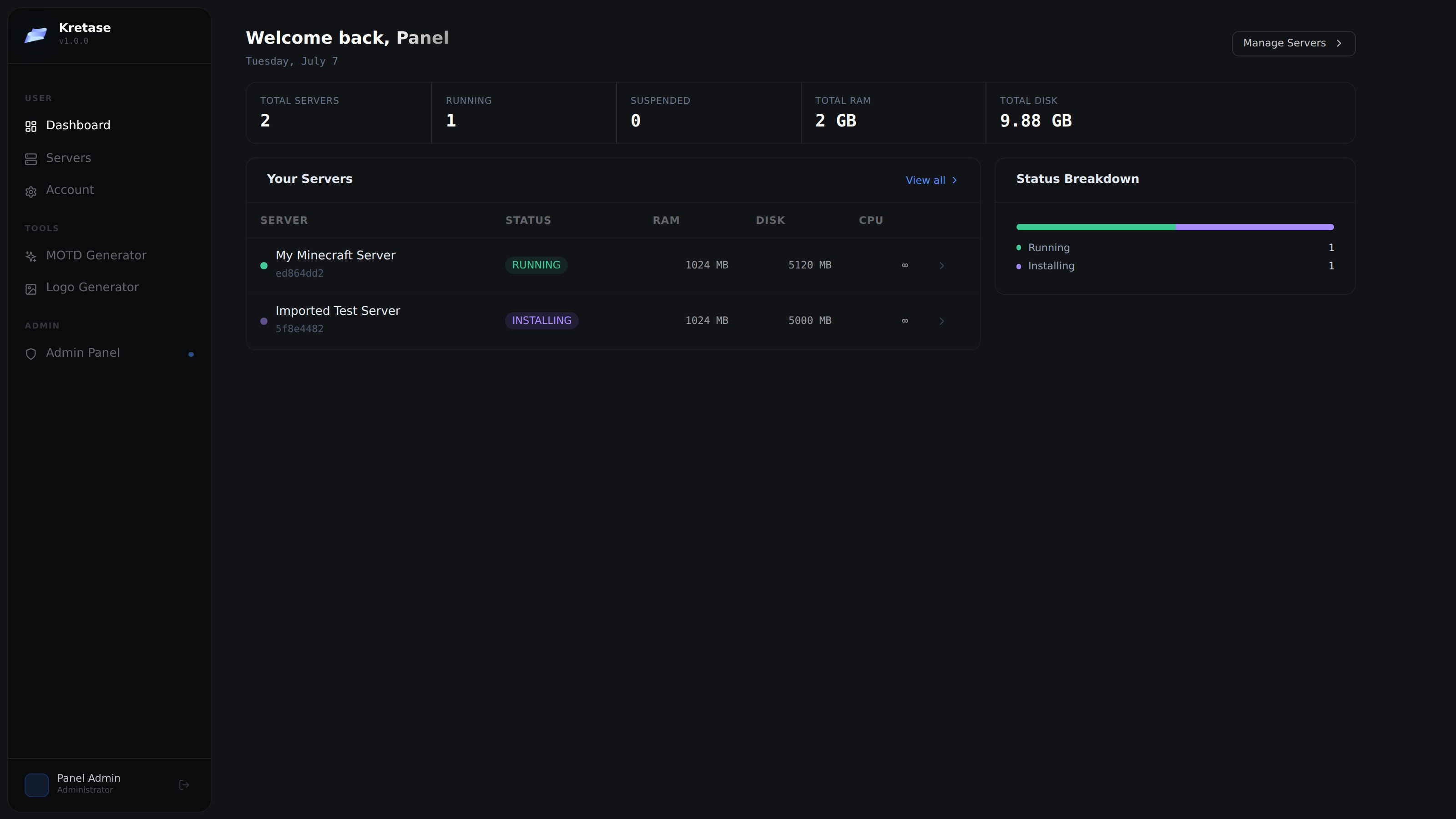 Kretase game server management panel dashboard showing server list, RAM and disk usage