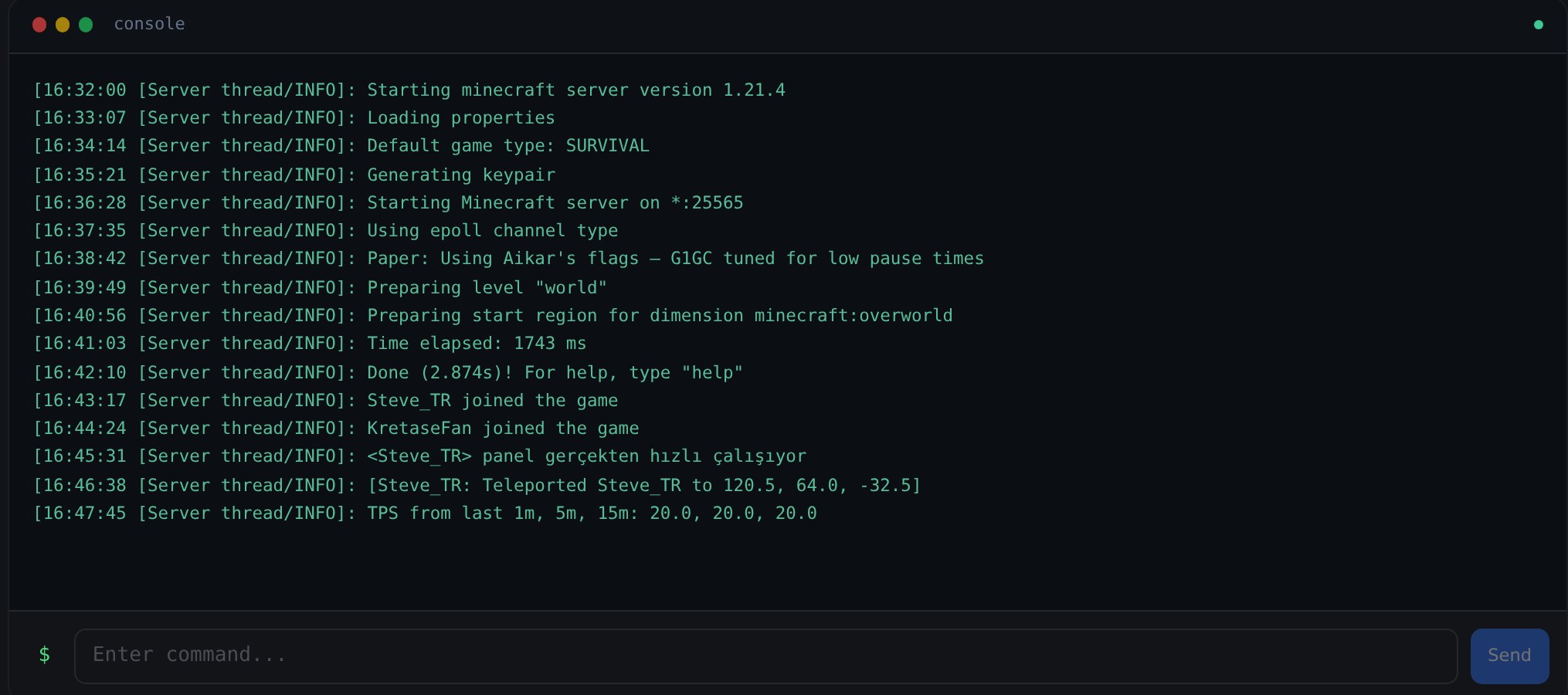 Close-up of the Kretase live Minecraft console showing real-time TPS reporting and command input